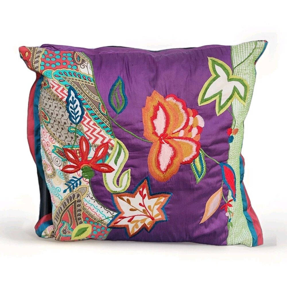 Pier 1 Imports Embroidered 3D Floral Pillow Purple Orange Green Bohemian 16x16